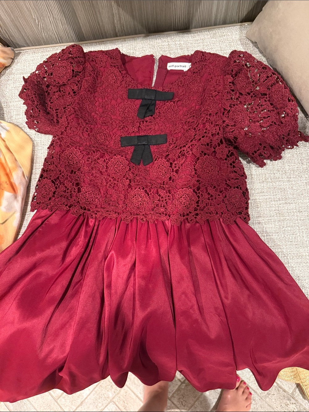 Self-Portrait Girls' Burgundy Lace & Satin Dress with Black Bows